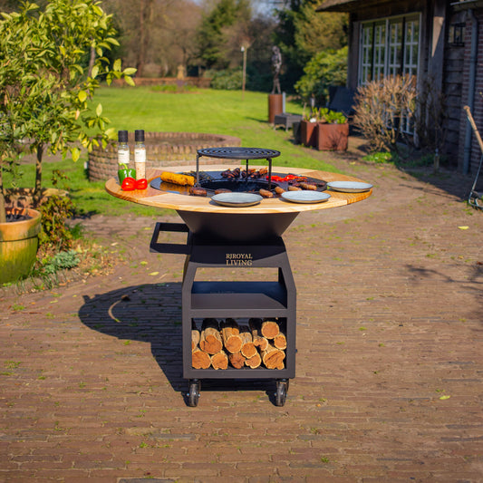 BBQ Plancha Grill Maestro XXL Ø80cm Blackline – Mit Holzumrandung Mesa