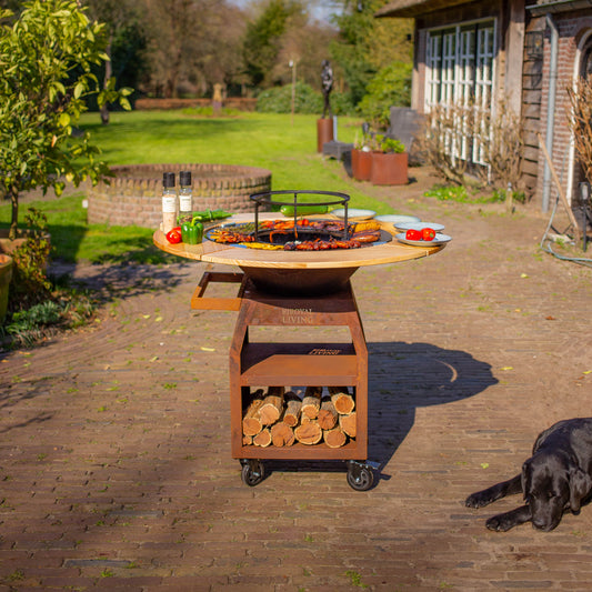 BBQ Plancha Grill Maestro Ø70cm Cortenstahl – Mit Holzumrandung Plancha Mesa