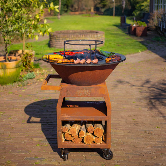 BBQ Plancha Grill Maestro XXL Ø80cm Cortenstahl – Mit Schürhaken und Holzaufbewahrung