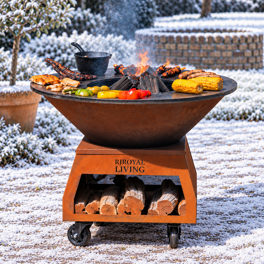 BBQ Plancha Grill Brasero Feuerschale Cortenstahl mit großen Rädern, Holzlager und Backblech Ø80cm — Wintermotiv