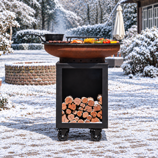 BBQ Plancha Grill Hermano XXL Cortenstahl Blackline - Mit Holzschürhaken und Holzlagerung Ø80cm 8mm — Wintermotiv