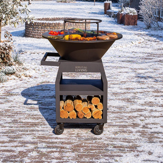 BBQ Plancha Grill Maestro XXL Ø80cm Blackline – Mit Schürhaken und Holzaufbewahrung — Wintermotiv