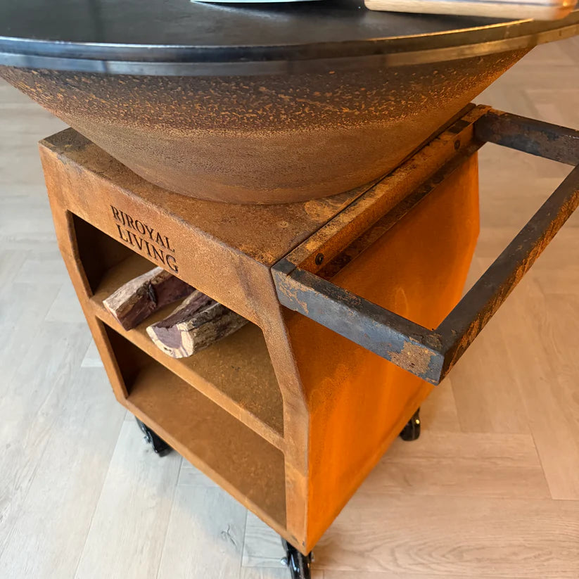 BBQ Plancha Grill Maestro XXL Ø80cm Cortenstahl – Mit Schürhaken und Holzaufbewahrung