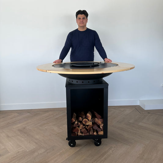 BBQ Plancha Grill Hermano XXL Blackline - Ø80cm 8mm Mit Holzumrandung Mesa