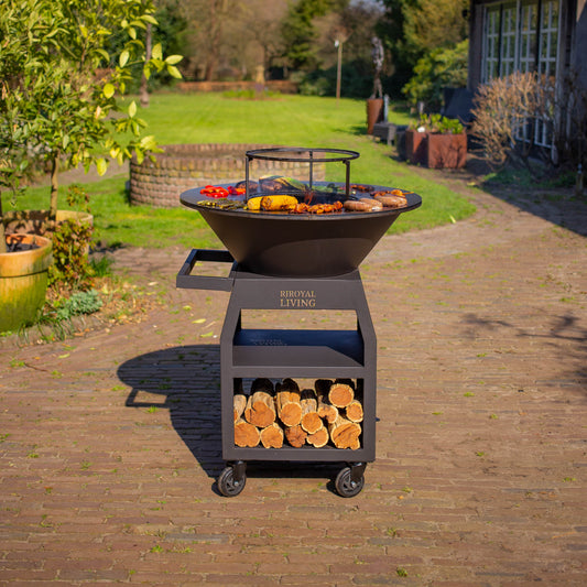 BBQ Plancha Grill Maestro XXL Ø80cm Blackline – Mit Schürhaken und Holzaufbewahrung