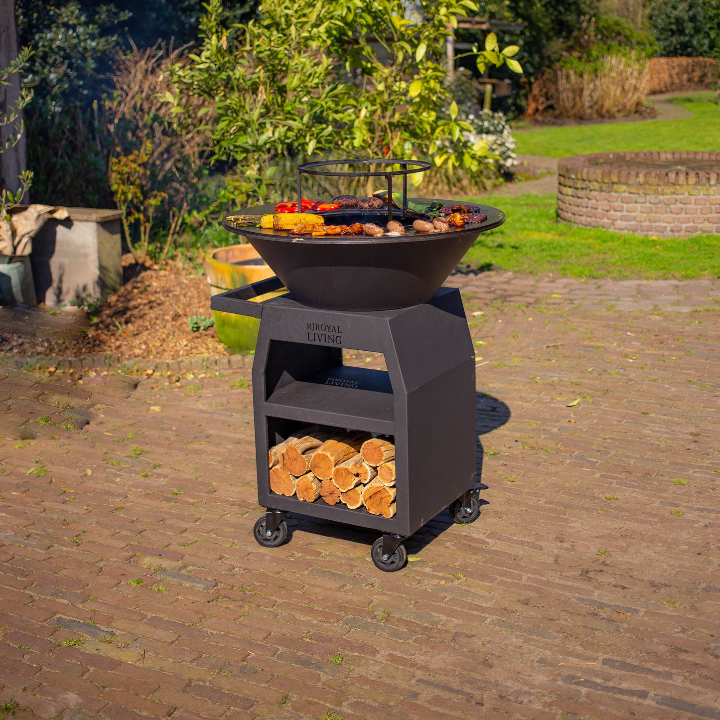 BBQ Plancha Grill Maestro XXL Ø80cm Blackline – Mit Schürhaken und Holzaufbewahrung