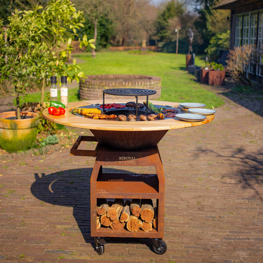 BBQ Plancha Grill Maestro XXL Ø80cm Cortenstahl – Mit Holzumrandung Mesa
